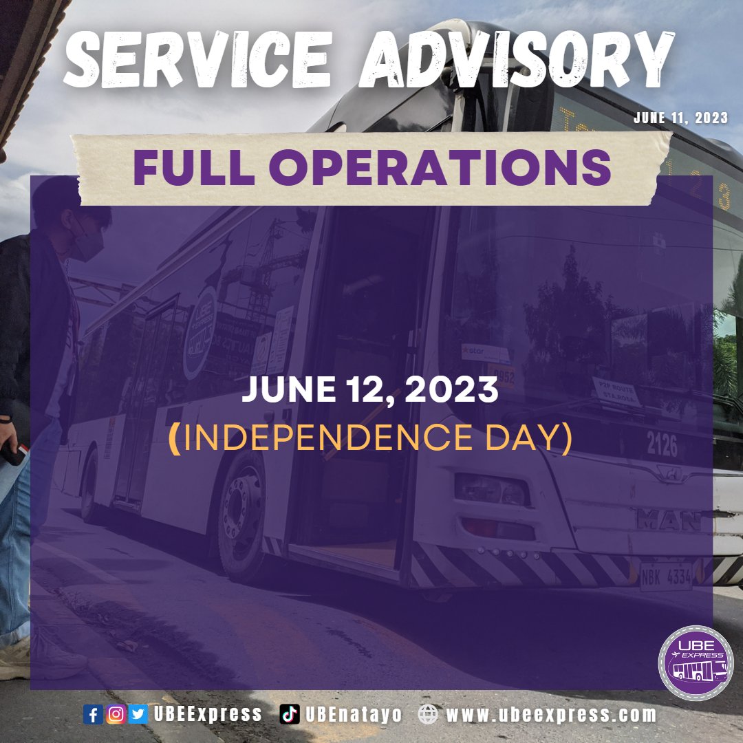 ubeexpress's tweet photo. 𝗦𝗲𝗿𝘃𝗶𝗰𝗲 𝗔𝗱𝘃𝗶𝘀𝗼𝗿𝘆
Sunday, June 11, 2023
To all our valued passengers,
Be advised that we will be fully operational on Monday, June 12, 2023.
Thank you and keep safe!
#UBEExpress #P2P https://t.co/CkKHZlPyVm