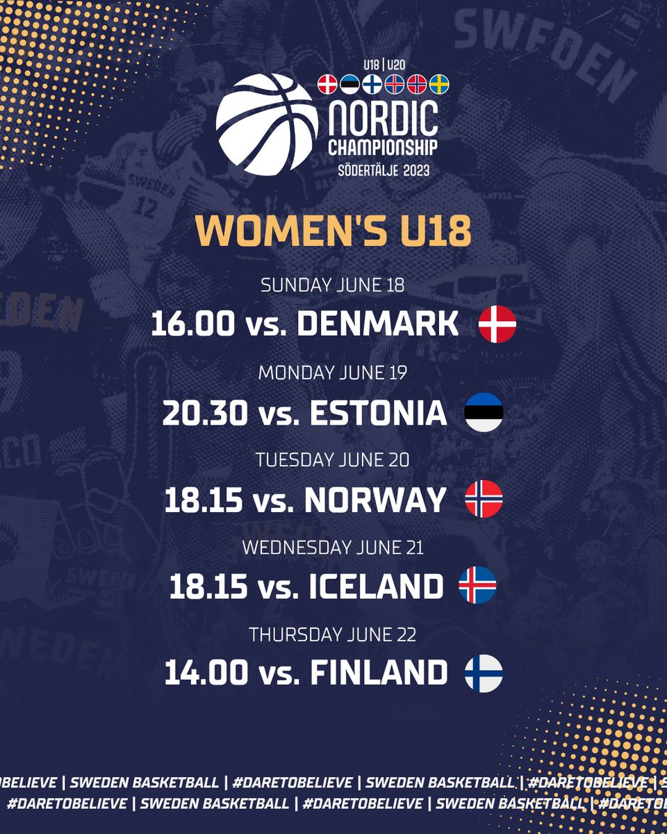 swebasketball's tweet photo. 1️⃣ WEEK TO GO! 🏆

Next Sunday, the Nordic Championship is back in Sweden. On June 18-22 &amp; June 27-July 2, Södertälje will be packed with the next generation of 🇸🇪 basketball!

📋 Check out the schedule for our WU18, MU18, WU20 &amp; MU20 NT's.

#SwedenBasketball | #DareToBelieve https://t.co/1FHUwk7wET
