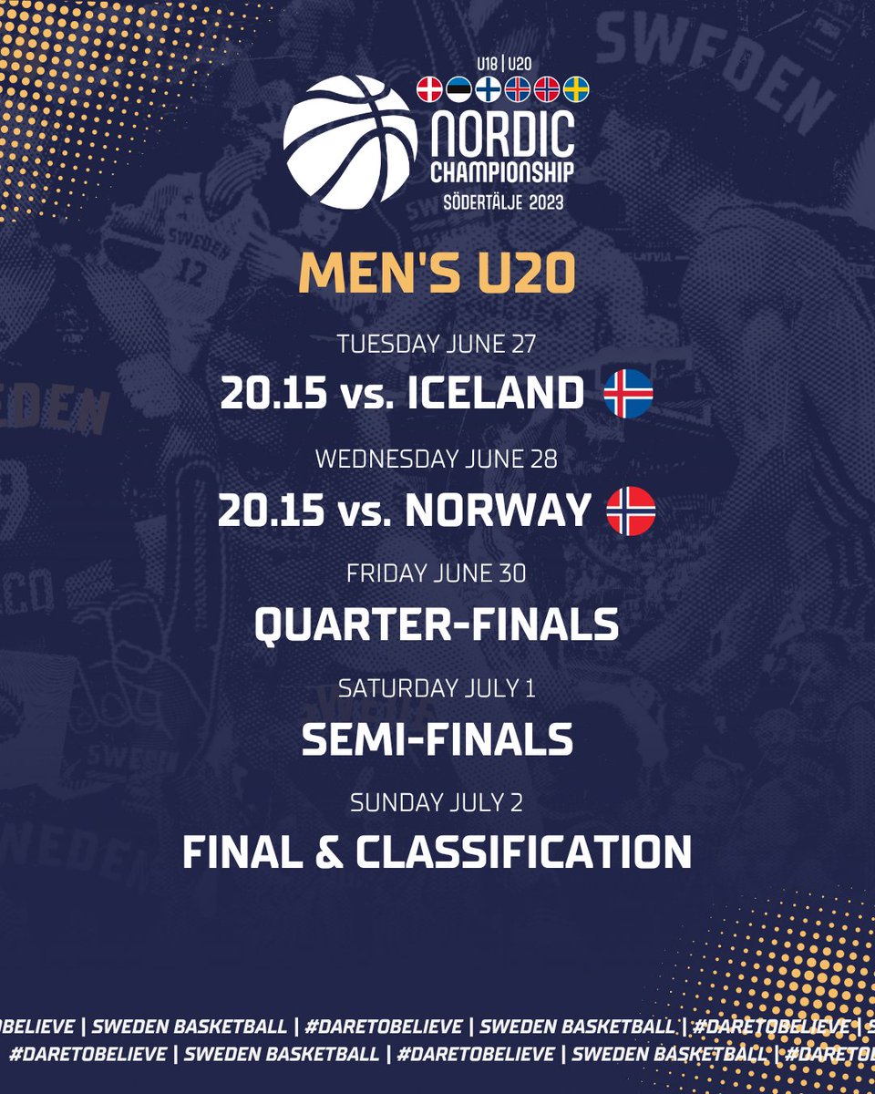 1️⃣ WEEK TO GO! 🏆

Next Sunday, the Nordic Championship is back in Sweden. On June 18-22 &amp; June 27-July 2, Södertälje will be packed with the next generation of 🇸🇪 basketball!

📋 Check out the schedule for our WU18, MU18, WU20 &amp; MU20 NT's.

#SwedenBasketball | #DareToBelieve