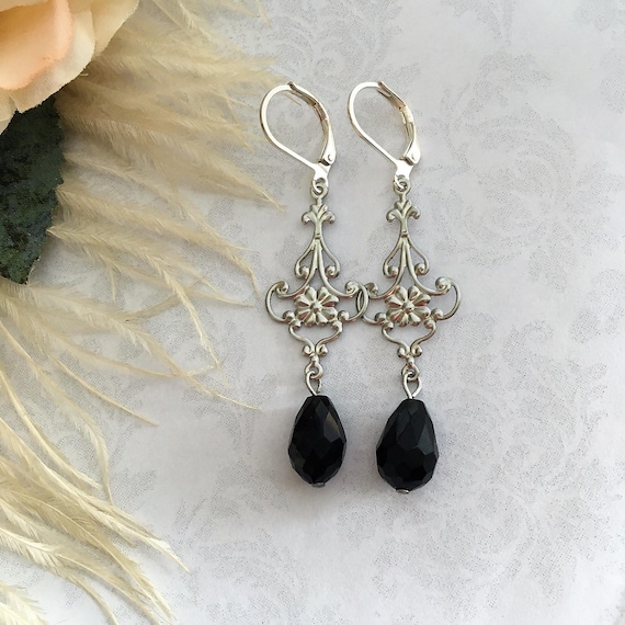 Gothic Black Bead Earrings with Floral Silver etsy.me/32H69rL #blackdropearrings #1920searrings #victorianjewelry #gothicearrings @etsymktgtool