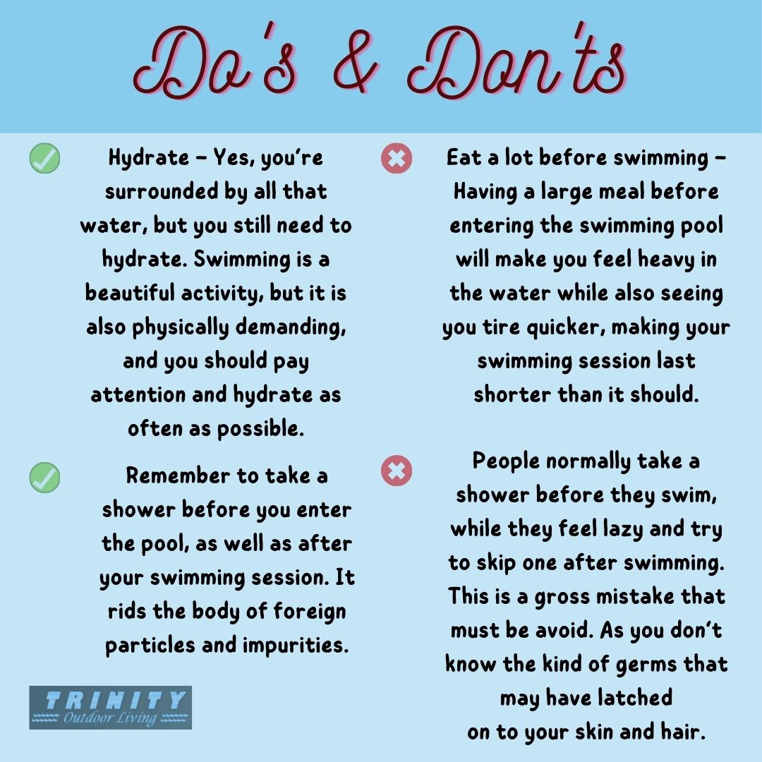 TrinityOutdoor's tweet photo. Take a look at these do's and don'ts to help you and your friends stay safe in and around the pool.
 
 #TrinityOutdoorLiving #Hydrate #Water #Swimming #BeautifulPool #Activity #SwimmingPool #Shower #SwimmingSession #Physically #PhysicallyDemanding https://t.co/mGEZlVeHQ0