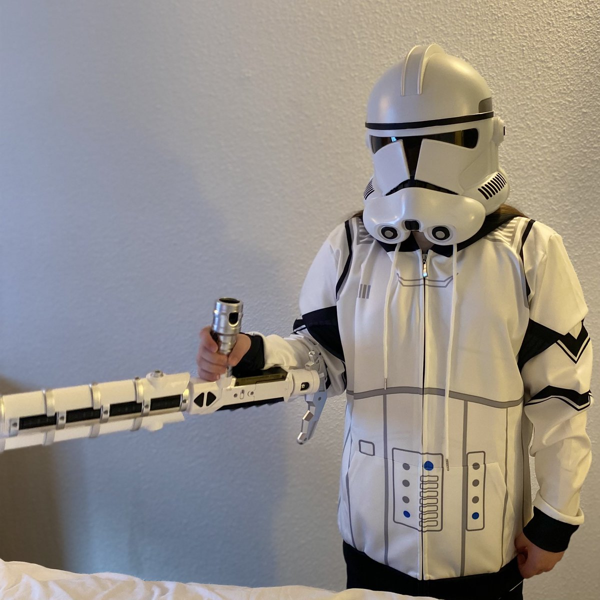 My little lad all ready for comicon! This is his first venture into cosplaying and the real armour is reeeeally expensive so he’s got a printed hoody instead but I think he looks fabulous! This is is birthday present, we can’t wait to see everyone #StarWars #AttackOfTheClones