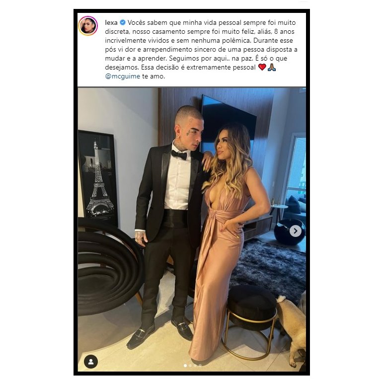 #lexa

DILEMA MORAL

A cantora Lexa e o rapper MC Guimê reatam casamento apesar de terminarem por exposição de traição em assédio sexual documentado em reality show.

Lexa: - 'Decisão extremamente pessoal'
 
instagram.com/p/CtSR53mPOjl/