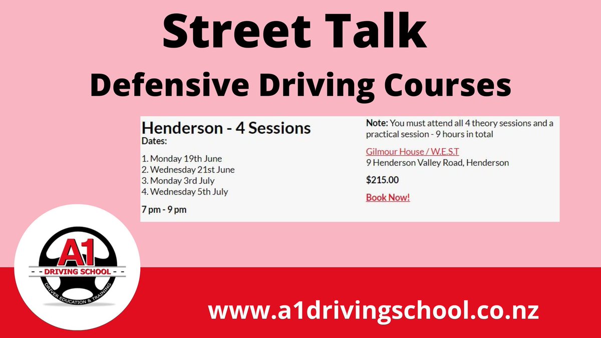 Join us in June at Henderson for Street Talk Defensive Driving Courses. a1drivingschool.co.nz/defensive-driv… 
#A1DrivingSchoolAuckland #defensivedriving #drivingguides #streettalk #learntodrive #drivingtips #drivertraining