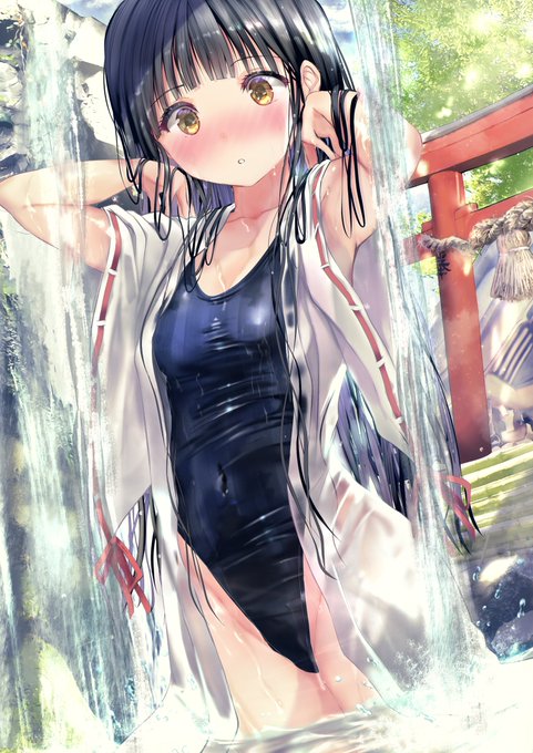 沐浴をする競泳水着巫女さん
 #絵柄が好みって人にフォローされたい https://t.co/RlYrShz3yF
