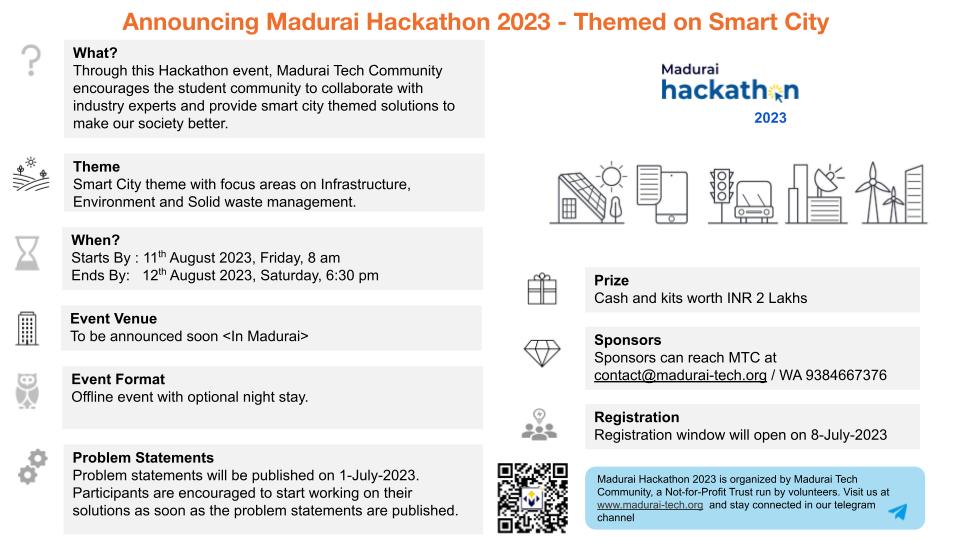 madurai_tech's tweet photo. Announcing MH2023...

#MaduraiTechCommunity #Madurai #MTC #MaduraiHackathon #Hackathon #MH2023 #MaduraiHackathon2023 https://t.co/M5TCeCek7a