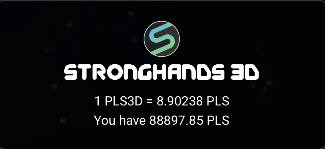 1 #PLS3D is now almost worth 9 $PLS! 🚀😱 

Let’s keep up this amazing growth, with plenty more to come with the upcoming launch of PLSX3D! 😎 Shoutout to our amazing #PulseChain community! ❤️❤️❤️

defi.stronghandsprotocol.org/app.html

#PLS #PLSX #PulseNews #DeFi