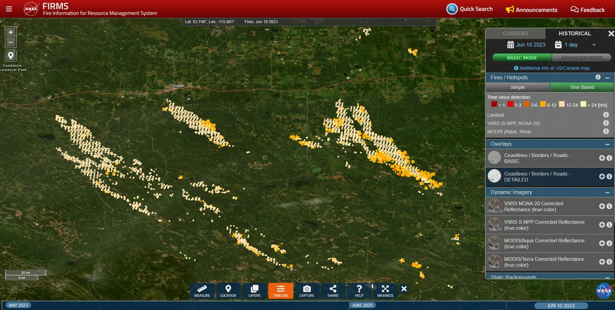 🇨🇦#ABfire | #Edson #YellowheadCounty
6/10 - 1145pm MT - fire hotspots 
*APPROX fire areas WITH satellite delay

Time based: 
🟧  6-12 hours
🟨12-24 hours
*NO red/recent pushes👍

💨Edson Airport winds:
weather.gc.ca/past_condition…

➡️Fire map:
firms.modaps.eosdis.nasa.gov/map/#t:adv;m:t…