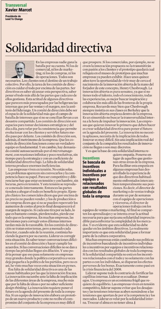 Solidaridad directiva En las empresas nadie gana la batalla por su cuenta. Un comité de dirección no es un espacio para la guerra de silos, es un espacio para la solidaridad directiva, para cuidar el todo por encima de las partes @Lavanguardia lavanguardia.com/economia/20230…