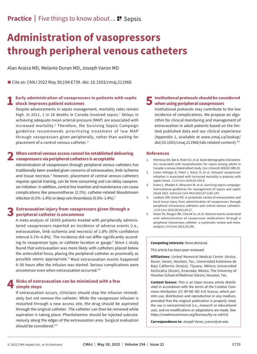 Administration of vasopressors through peripheral venous catheters
 doi.org/10.1503/cmaj.2…
#MedTwitter #ICU #FOAMcc #sepsis #IDTwitter #CardioTwitter #FOAMed #CriticalCare #PedsICU #FOAMed