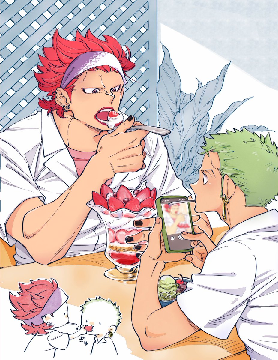 roronoa zoro green hair multiple boys male focus food shirt red hair 2boys  illustration images