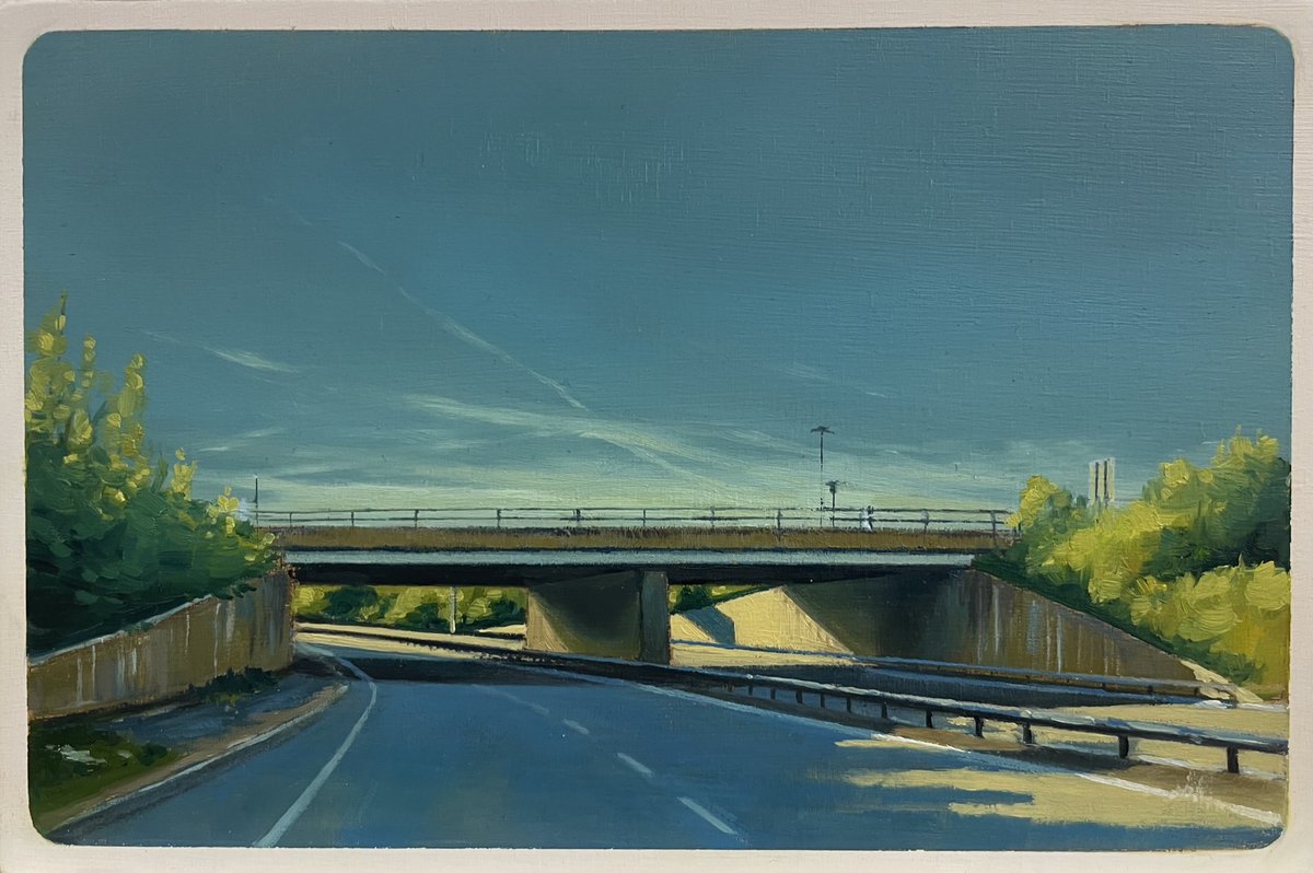 When the shade is as cool as blue & that’s been necessary the past few days. ☀️ From my March exhibition, The Journey Continues, @SaulHayFineArt Postcards From The Dash I Oil on wood 18x12 cm #Painting #art #bridge #WomensArt #summer #nostalgia #memories @GrimArtGroup