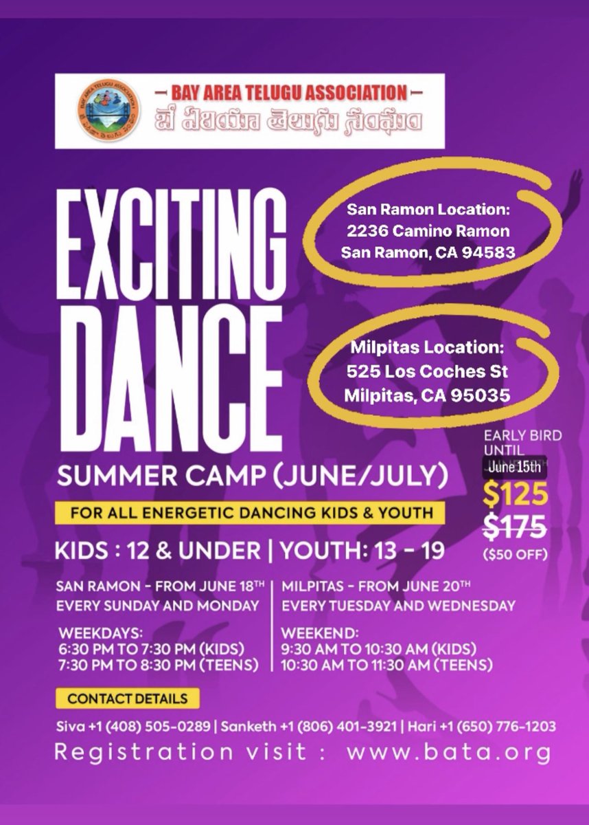 BataEvents's tweet photo. 📣📣EXCITING ANNOUNCEMENT: Let your kids step into this summer dance camp with rhythm! Let your kids be a part of this summer DANCE CAMP by Bay Area Telugu Association (BATA). For registrations, visit https://t.co/mjdIEykKi4 
#dance #summercamp #telugu #teluguassociation #trend https://t.co/PFPKUb400t