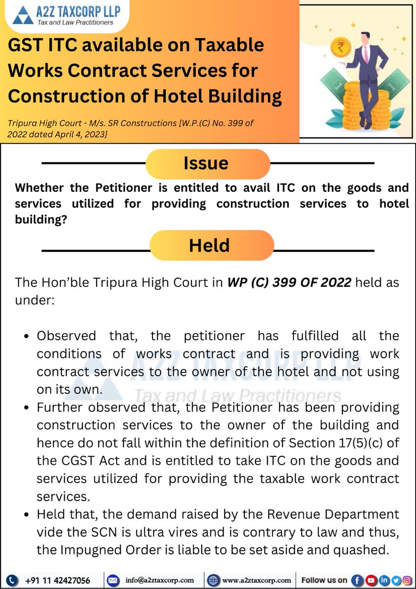 🔰 GST ITC available on Taxable Works Contract Services for Construction of Hotel Building

🔖 For Complete Newsletter: a2ztaxcorp.com/gst-itc-availa…

 #a2ztaxcorpllp #gstwithbimaljain #InputTaxCredit #workscontract