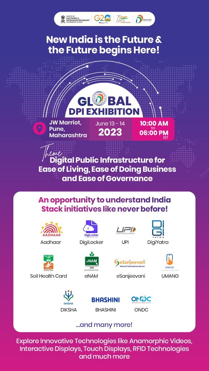 If you are in #Pune on 13th or 14th, do not miss the Open For All exhibition on 'Digital India Infrastructure' on the sideline of #G20India event focussed on #DigitalEconomy

Spread the word!

@GoI_MeitY @MSH_MeitY @NICMeity @AshwiniVaishnaw @Rajeev_GoI