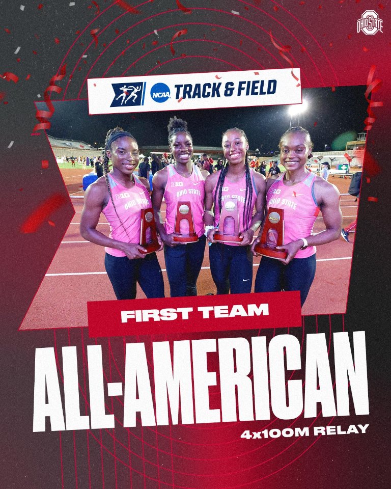OhioStateTFXC's tweet photo. Congratulations to Leah Bertrand, @columba_effiong, @nyabussey and @DayleYanique on earning All-American First Team honors with their fifth-place finish in the 4x100m relay (42.85) ‼️

#GoBucks https://t.co/CymdaVLnrK