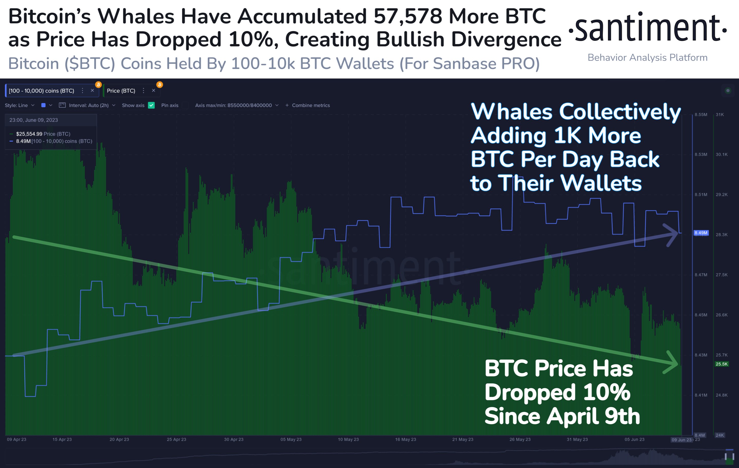 在价格下跌的情况下，比特币鲸鱼每天积累近 26,000,000 美元的 BTC：分析公司 Santiment