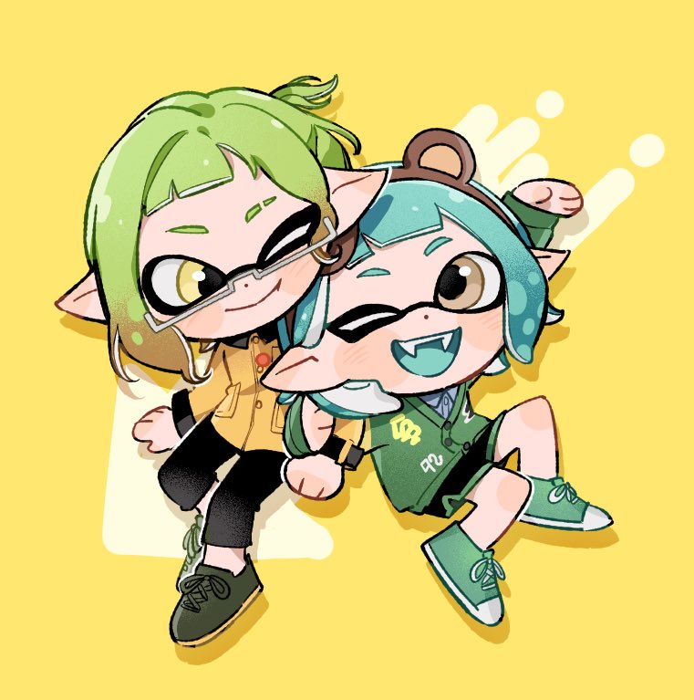 inkling ,inkling girl one eye closed smile shoes pointy ears animal ears jacket green hair  illustration images