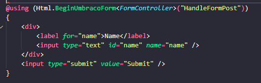 umbradol's tweet image. How do you submit a form to a controller? Surface Controllers are your friends.
Use Html.BeginUmbracoForm with your controller and method names.
#umbraco