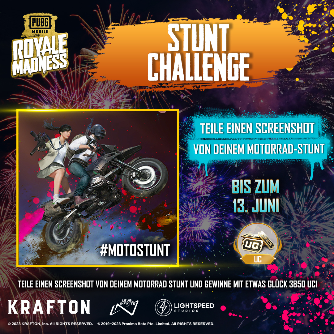 PUBGM_DE's tweet photo. Hast du schon deinen besten #MotoStunt für unsere Challenge mit uns geteilt? Wenn nicht, dann verpasse nicht die Chance, bis zum 12. Juni 3.850 UC zu gewinnen.
#PUBGMOBILE
#ROYALEMADNESS https://t.co/BTHdTmNmKU