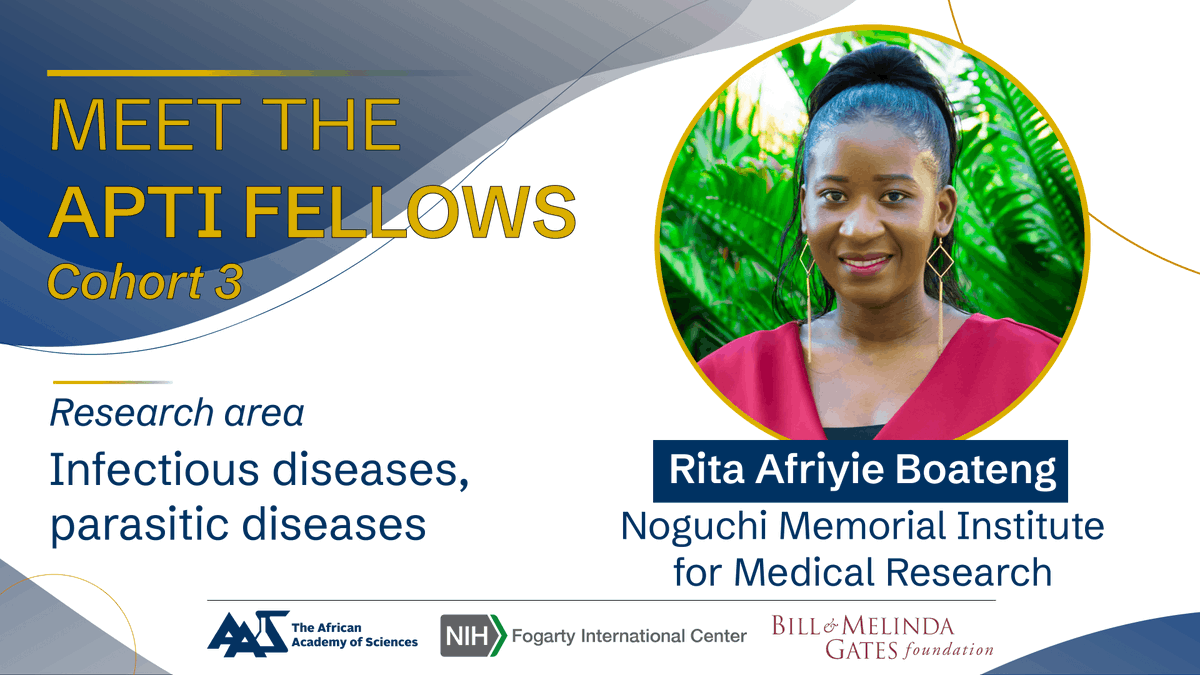 AASciences's tweet photo. Congratulations to Dr Rita Afriyie Boateng, one of 10 selected to join the #postdoctoral training #fellowship programme, the African Postdoctoral Training Initiative #APTI
Learn more 👉 https://t.co/uA9z3qTp0Q 

#AASciences #GlobalHealth
@Fogarty_NIH
@gatesfoundation 
@NMIMR_UG https://t.co/5bMZn2i1AX