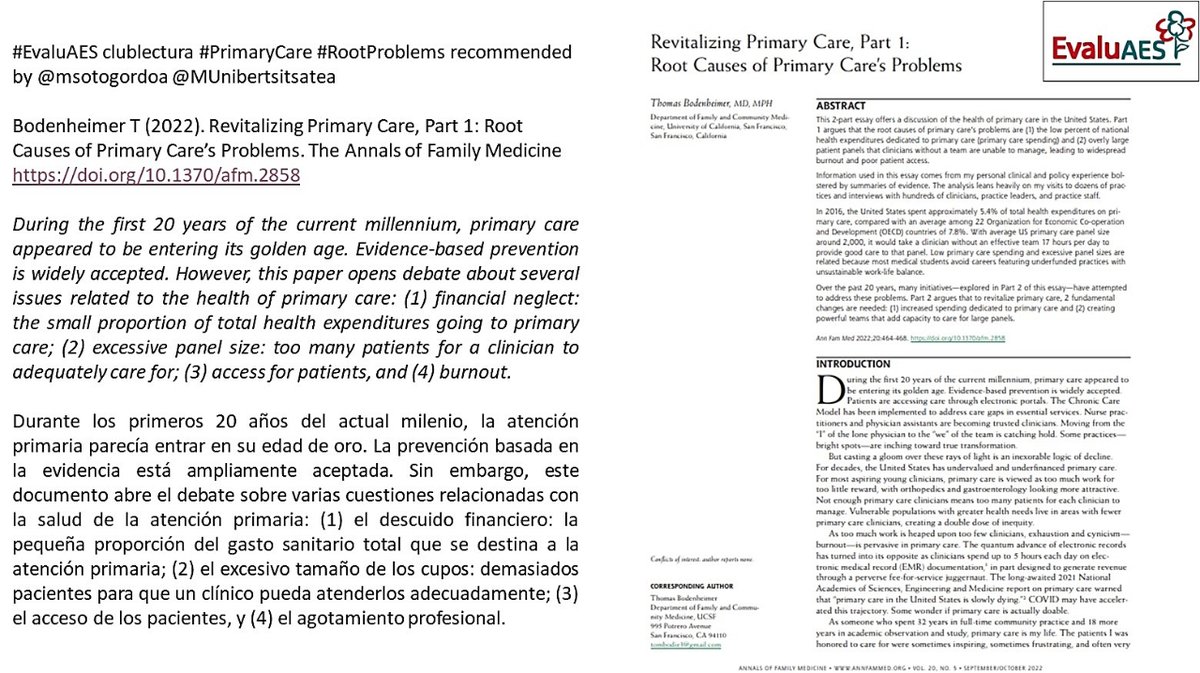 AESeconsalud's tweet photo. 📕 #EvaluAES clublectura #PrimaryCare #RootProblems recommended by @msotogordoa @MUnibertsitsatea
Bodenheimer T (2022).
Revitalizing Primary Care, Part 1: Root Causes of Primary Care’s Problems.
The Annals of Family Medicine. @annfammed
https://t.co/s7um4icXW6 https://t.co/tM6YTCbKuL