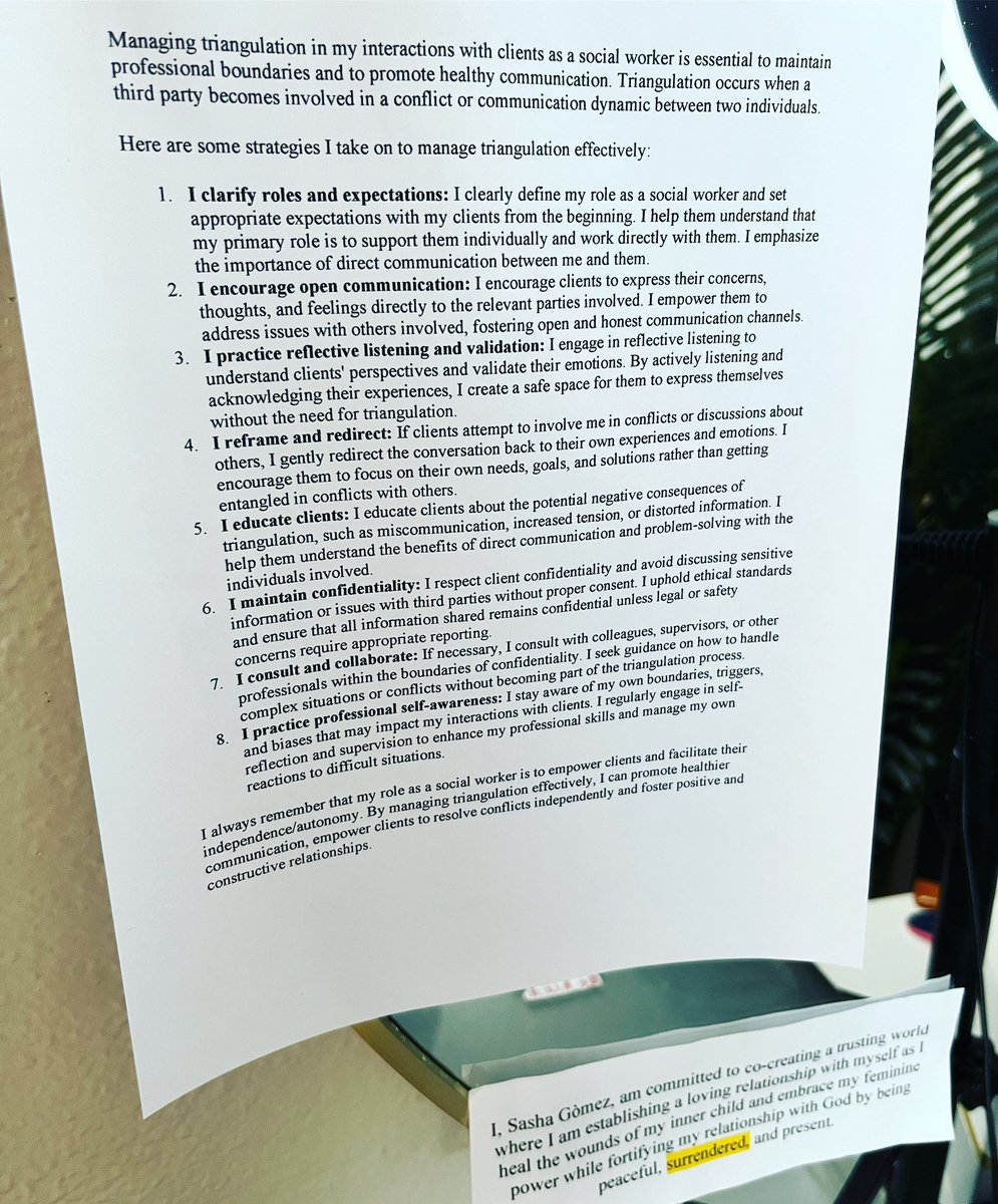 infosashagomez's tweet photo. Hi everyone! I created this &amp; taped it to my mirror. This past week I learned a lot about TRIANGULATION &amp; how many people do it &amp; I refuse to be one of them. I’ve been finding repeating this to myself out loud to be extremely useful &amp; I think you all may too. ☺️ #socialwork https://t.co/ZtbxcWLwnI