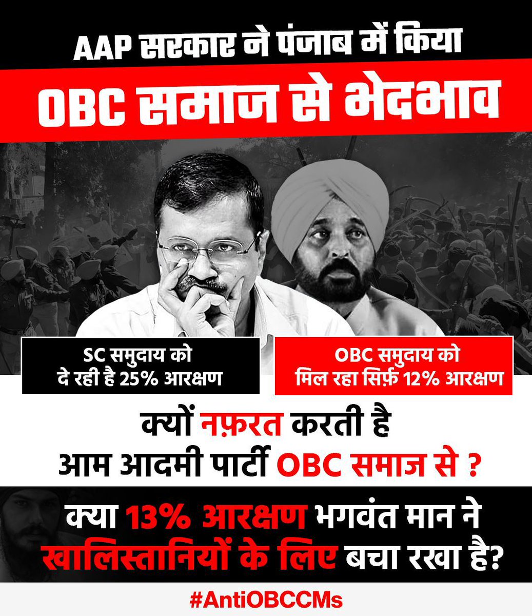 Kejriwal and Bhagwant Mann's deep-seated hatred for the OBC community in Punjab is exposed in the 2023 NCBC report. 
They offer a pitiful 12% reservation instead of the recommended 25% for OBCs. Is the remaining 13% being withheld for Khalistanis? This blatant animosity is…