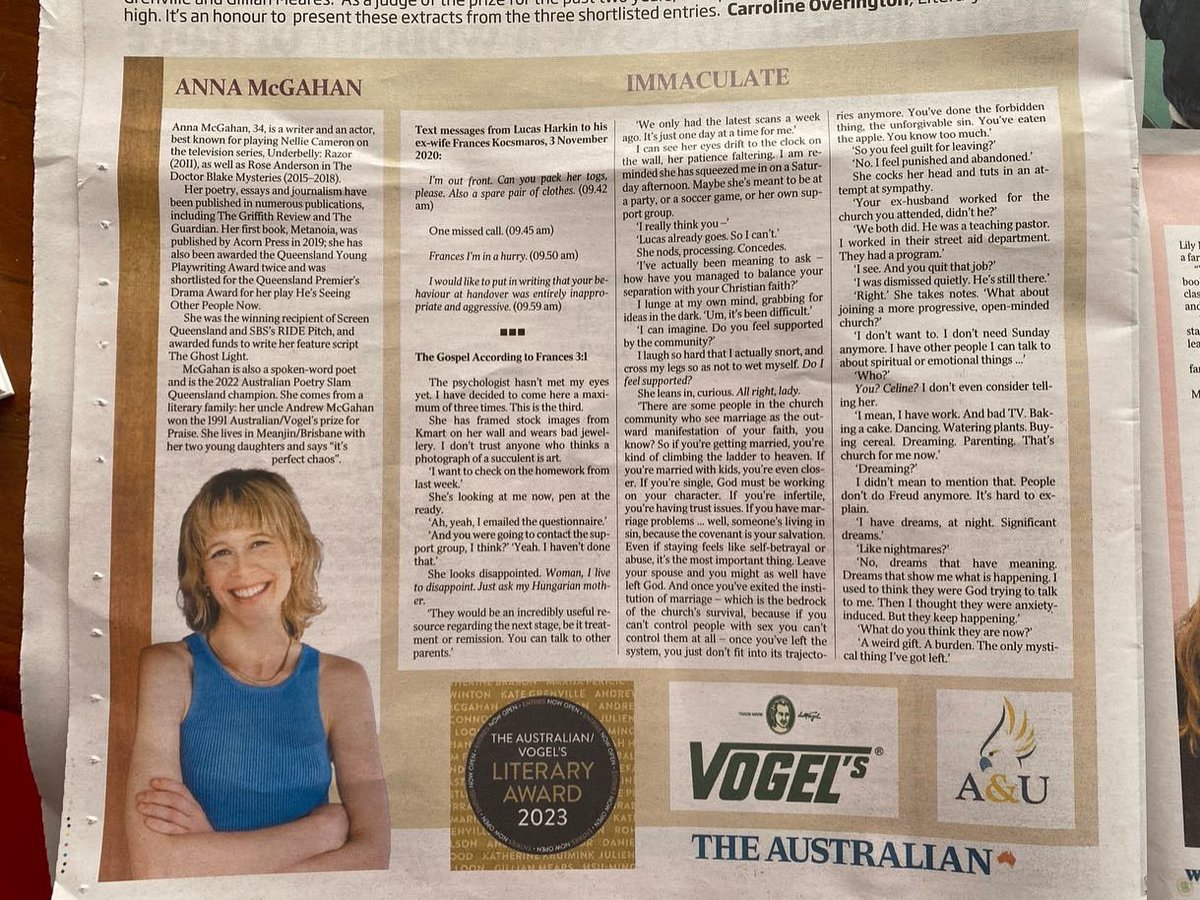 Bloody thrilled to have been shortlisted for the Vogel alongside these two beautiful writers - thank you so much <a href="/AllenAndUnwin/">Allen & Unwin</a> and <a href="/australian/">The Australian</a>. You can read an extract of my fiction manuscript below.