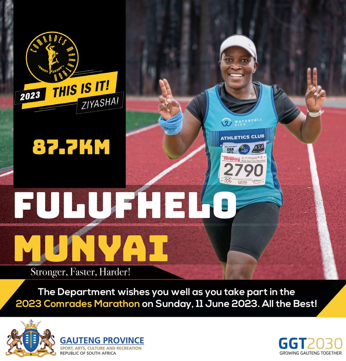 Good Luck to our colleague, Ms Fulufhelo Munyai as she takes part in the #ComradesMarathon2023 

Ziyasha, You got this!💪🏽