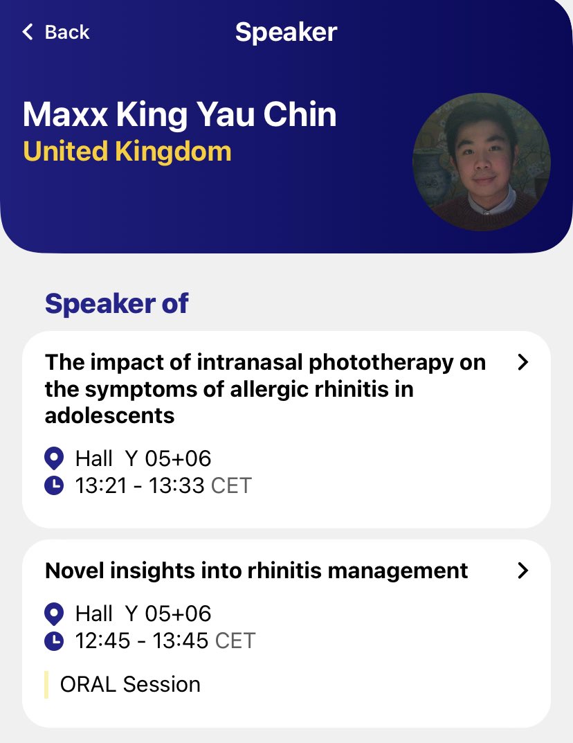 Today’s the day! 
My oral presentation on “The Impact of Intranasal Phototherapy on the symptoms of allergic rhinitis in adolescents” will be in Hall Y 05 + 06 this afternoon! 

#EAACI2023 #EAACICongress2023