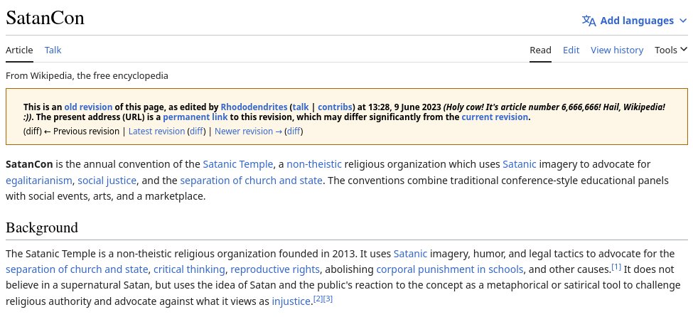 thierrytalbert's tweet photo. un post bien amusant chez wikipédia
RT wikipedia@wikis.world: Not that anyone noticed, but the English #Wikipedia recently crossed the 6,666,666 article mark.
https://t.co/oFhbsTCqEV https://t.co/if3B7Ok5PY