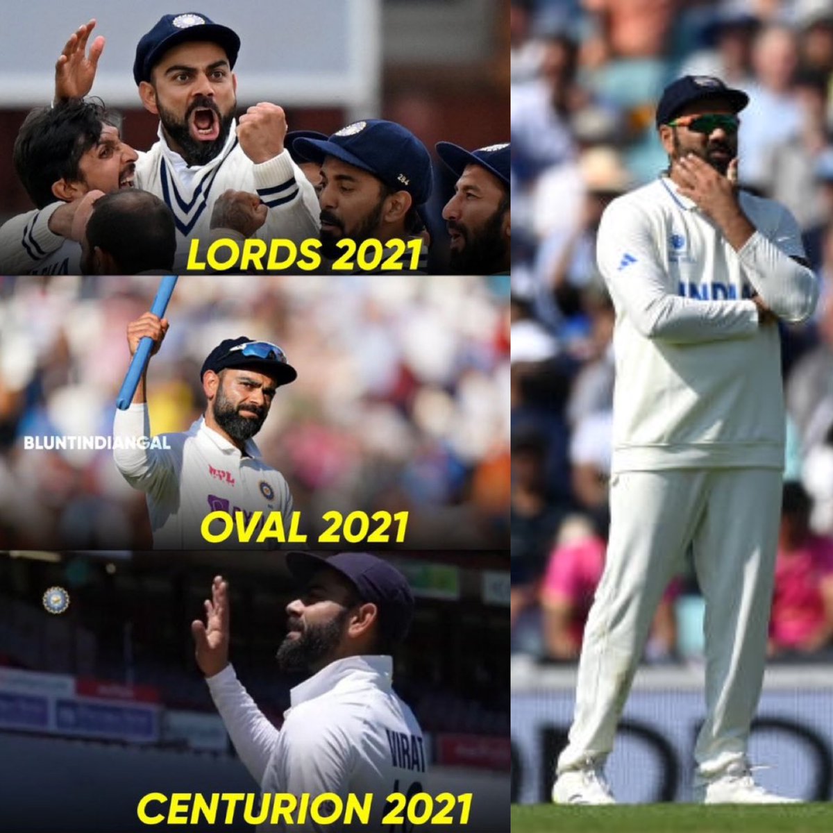 BluntIndianGal's tweet photo. Three important overseas wins under Captain Virat Kohli in this WTC cycle only to watch the Captaincy being handed over to Rohit Sharma who never captained any overseas tests &amp; lost the WTC finals https://t.co/vOVxU0C3KP