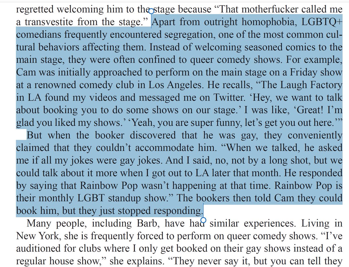 I love this passage on how #standup #comedy discriminates. Homophobia's subtle presence is highlighted by Cam shares his experience of being segregated from straight audiences, leading to a loss of professional opportunities at @TheLaughFactory. #InclusiveHumor #AcademicTwitter