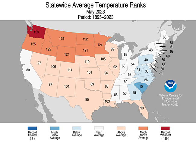 May 2023 statewide precipitation and temperature ranks.

Source: ncei.noaa.gov/access/monitor…