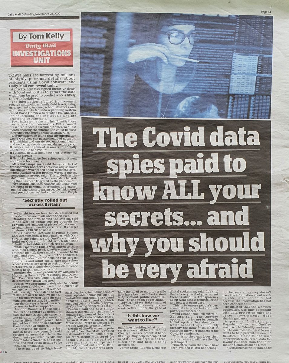 edfitzgeralduk's tweet image. Source: Daily Mail November 28, 2020

#TomKelly Article exposing Xantura&apos;s  software #OneView adopted widely by UK Councils to connect all the #personaldata they hold to profile you!

I foresee councils having to respond to an increasing number of #DSAR applications🤔
You have…