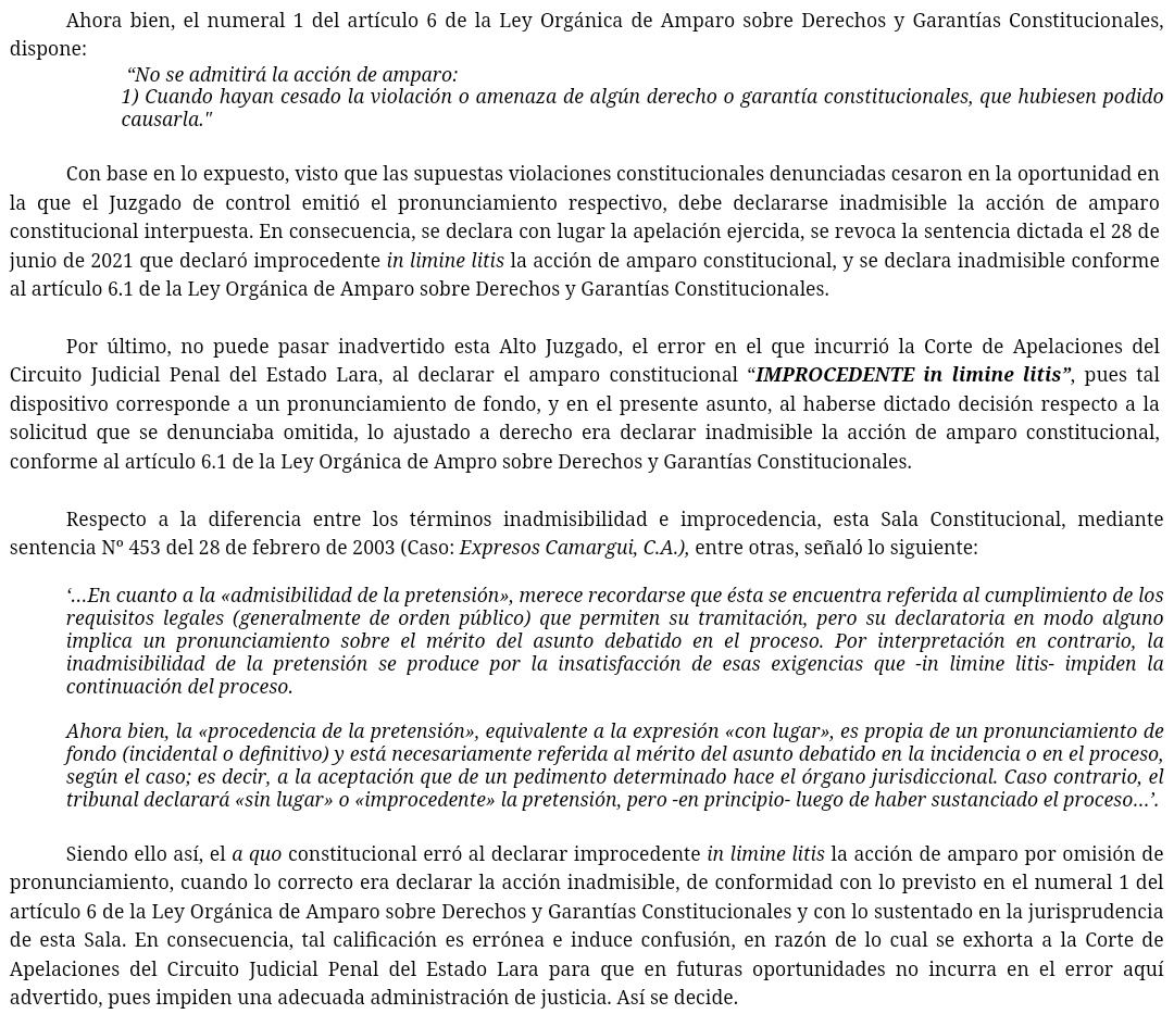 WilsonGomezGB's tweet image. Sentencia N° 0274 del 13/04/2023 Sala Constitucional @TSJ_Venezuela Ante la omisión de pronunciamiento, no existe medio de impugnación alguno distinto del amparo constitucional. Diferencia entre los términos inadmisibilidad e improcedencia. 🧐☕
historico.tsj.gob.ve/decisiones/sco…