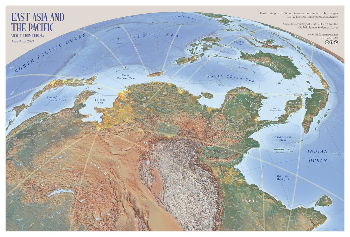 RhodesMaps's tweet image. My new wall map "East Asia and the Pacific: Viewed from Eurasia" is now available for free (CC BY-NC 2.0) as a high-resolution download. Prints well at 20"x30" or larger. Thanks to everyone who provided helpful comments during many revisions.
thinkinginspace.net/latest-maps/f/…