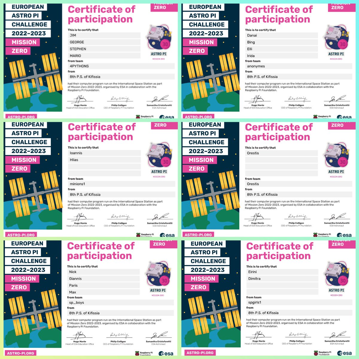 IPapadopetraki's tweet image. 6 teams of ST class of 8th P.S. Kifissia, participated in the #AstroPi #MissionZero project 🎯 Their programs in Python, ran in space for up to 30 seconds, recording the exact position of the ISS #InternationalSpaceStation 🛰, 
Thank you @ESA__Education🙏
@Astro_Pi @Raspberry_Pi