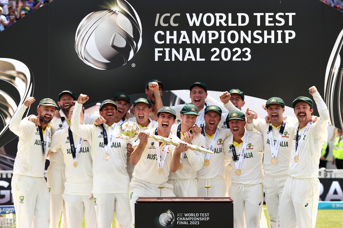 ICC's tweet photo. Cricket World Cup ✅
T20 World Cup ✅
Champions Trophy ✅
World Test Championship ✅

The all-conquering Australia have now won every ICC Men's Trophy 🏆 https://t.co/YyzL8NSvTF