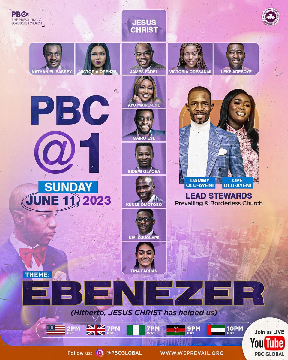 Join us today on YouTube at 2pm EST as we joyfully celebrate PBC's one-year anniversary.

Let's give thanks and glorify Ebenezer for a year of grace and guidance.

youtube.com/@PBCGLOBAL

#PBC@1  #June11th #Ebenezer #PBCAnniversary #Celebration #PBCGlobal #RCCG #GlobalChurch