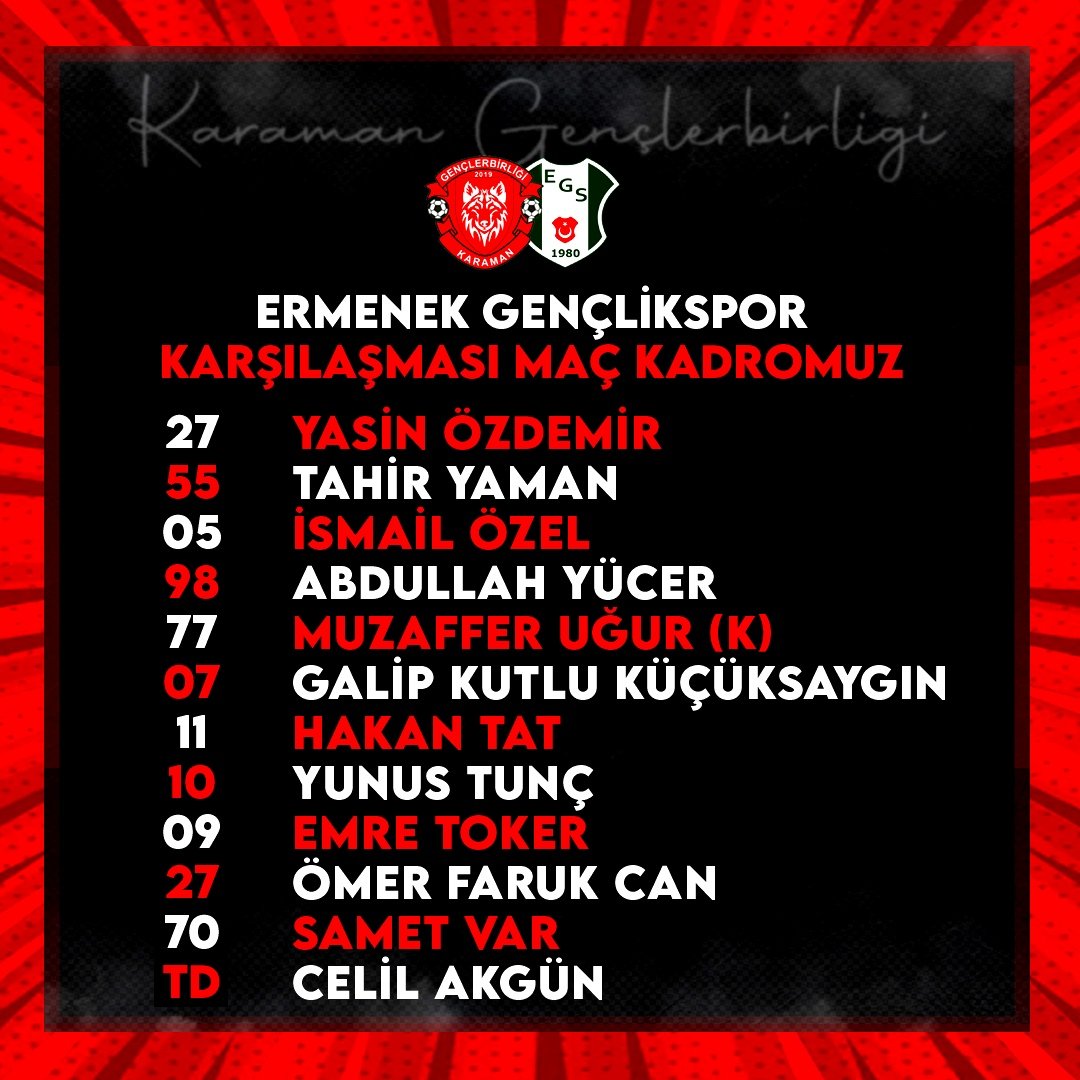 📋 @ermenekgenclikspor karşısında ilk 11'imiz! 👇

#KGvEGS #yenidenzirveye🐺 #karamangençlerbirliği #karaman #kurtlarsahada #ilkonbir #start #lineup #11 #amatörlig #bölgeselamatörlig #hedef #şampiyonluk #keşfetteyiz #keşfetteyim