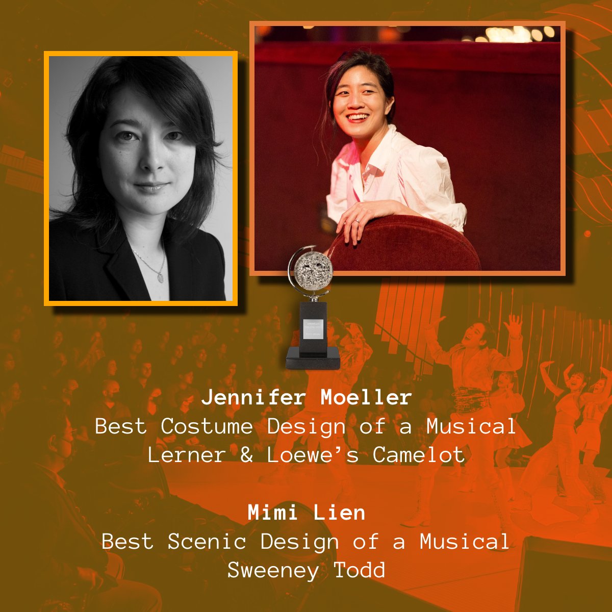In re: a previous post of AAPI Tony nominees, we thank our community for helping us out when we fall short. We're wishing Jennifer Moeller (Best Costume Design of a Musical, Camelot) &amp; Mimi Lien (Best Scenic Design of a Musical, Sweeney Todd) all the best on Tony Sunday. #Tonys