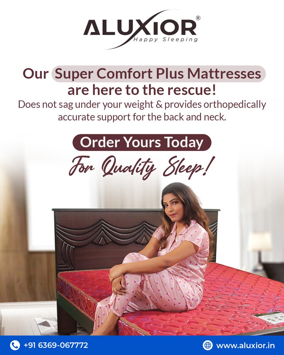 Get yourself the #SuperComfortPlus mattress & say goodbye to body pains! Order now. 

#aluxior #supremecomfortplus #revolutionarymattress #mattressesofinstagram #mattressshopping #buymattressonline #comfortmattress #mattressforbackpainrelief #premiumproducts #qualityproducts