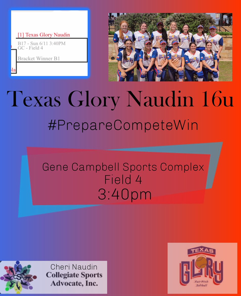 HotshotsNaudin's tweet photo. A little 🌧 made some changes, but here comes the 🌞 
📍Gene Campbell - field 4
⏰️3:40pm
Winner advances to Monday
#hotshotssummerexposure #TexasGlory #TexasGloryNaudin
#PrepareCompeteWin
 @LeeVelazquez06 @ednaudin https://t.co/ZlwOB8ewd5