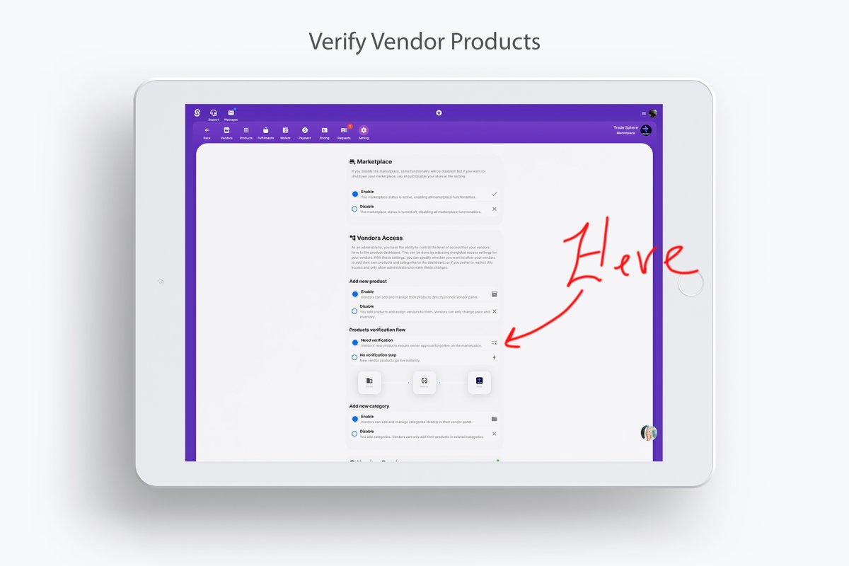 SelldoneInc's tweet photo. New update🫨! Customize your new product verification process. Choose  'Need Verification' for owner approval before products go live, or opt  for 'No Verification' to let new vendor products go live instantly.  #MarketplaceUpdate #VendorManagement https://t.co/wqwsCeQX6V