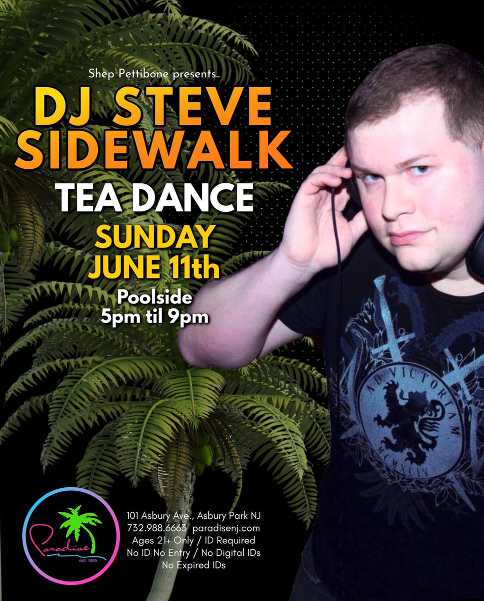 Tea Dance - Sunday, June 11th 😎💖🌴
DJ Steve Sidewalk - 5pm til 9pm Poolside

#asburyparknj #paradisenj #gay #lgbtq #apnj #gaybar #teadance #lgbt #pride #pridemonth #pride🌈 #lgbtpride #lgbtcommunity