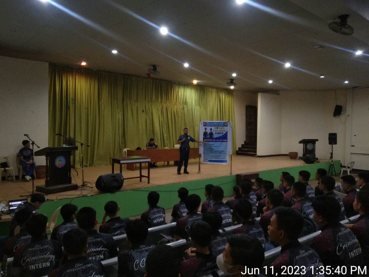 On June 11, 2023 at about 1:00 PM PCpl Lester Levinson C Cuasay Asst. CAD PNCO of San Pablo CPS  conducted lecture re PNP Career Orientation and Recruitment Process to the  BS Criminilogy Class  MANDARAGTAS at LSPU Amphitheater, Brgy. Del Remedio, San Pablo City, Laguna.