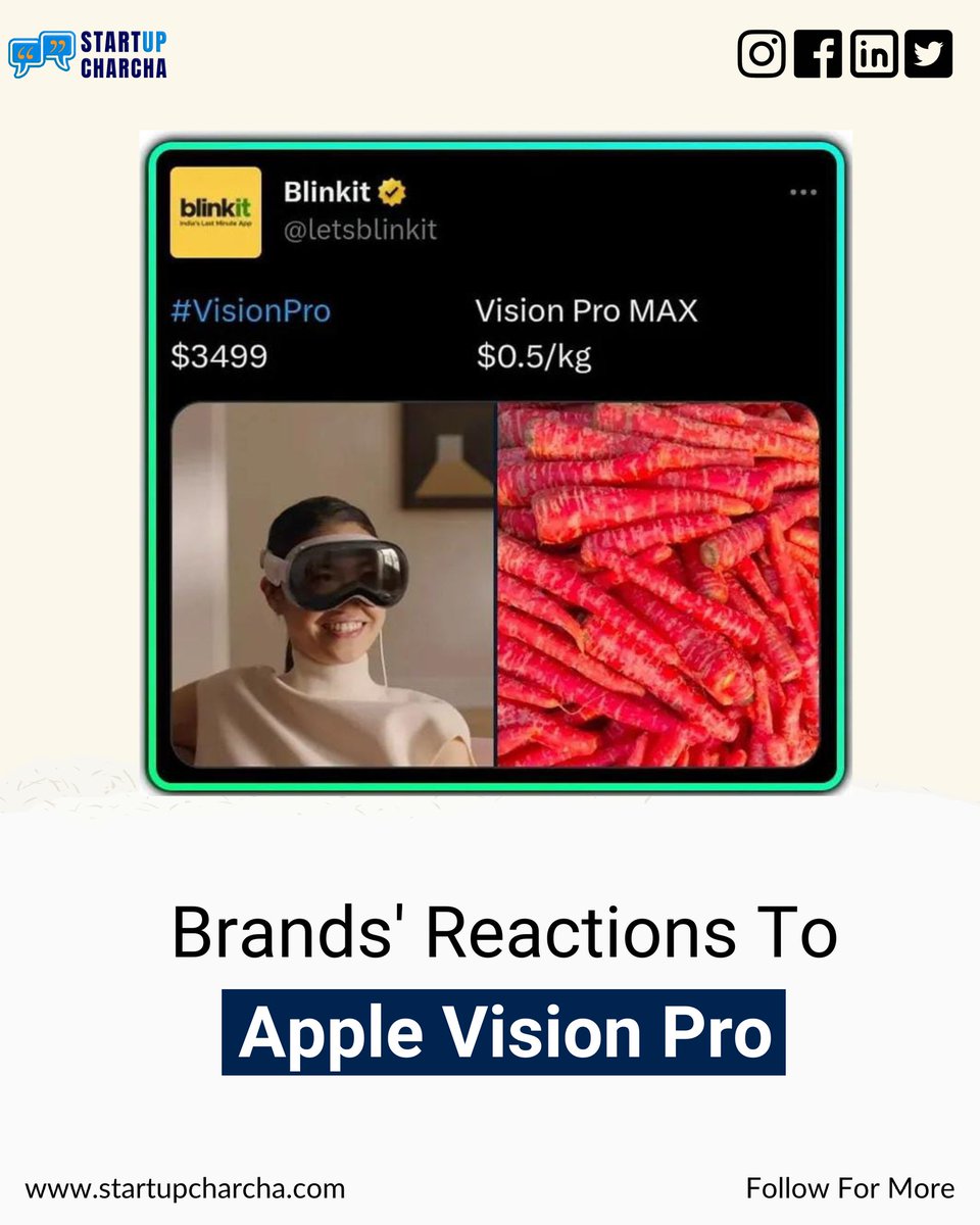 startup_charcha's tweet photo. Companies Reaction on @Apple Vision Pro
@letsblinkit 

#earthquake #TaylorLopez #LeMans24 #visionpro #apple #iphone https://t.co/EaZcfVLZVt