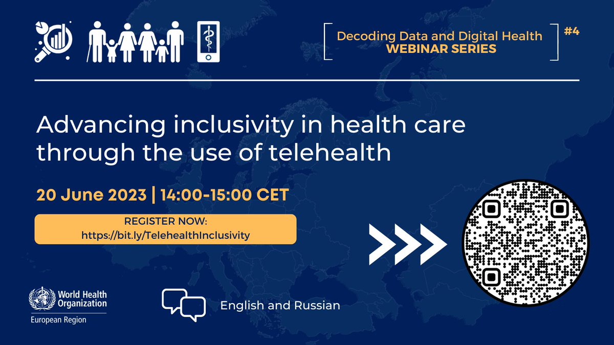 Join us on Tuesday, 20 June, for our 4th webinar in the 'Decoding Data and #DigitalHealth' series, which will focus on advancing inclusivity in healthcare through the use of #telehealth - who.int/europe/news-ro…